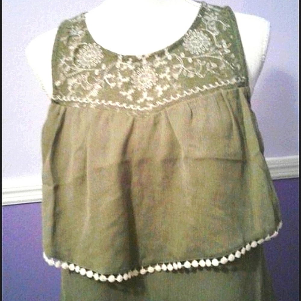 Maurices Boho Light Olive Embroidered Bib Ruffle Sleeveless Top S